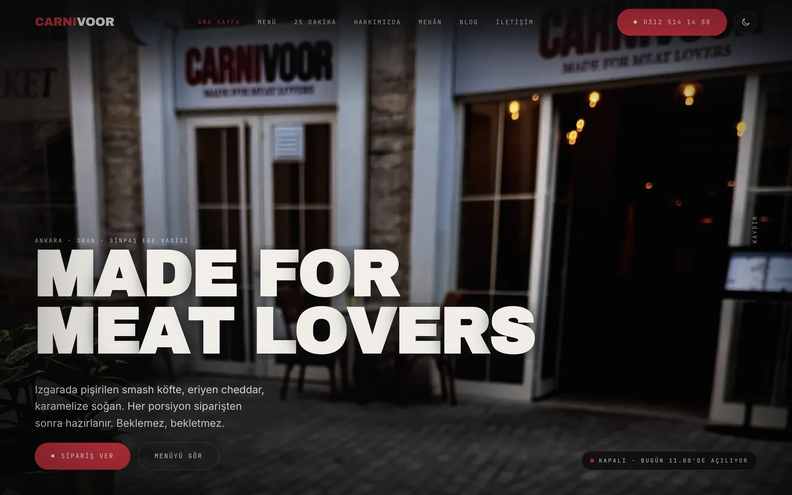 Carnivoor Burger web sitesinin masaüstü ana sayfası