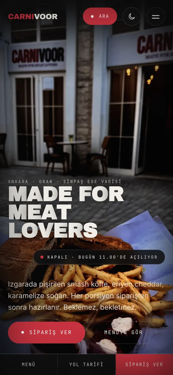 Carnivoor Burger web sitesinin telefon görünümü