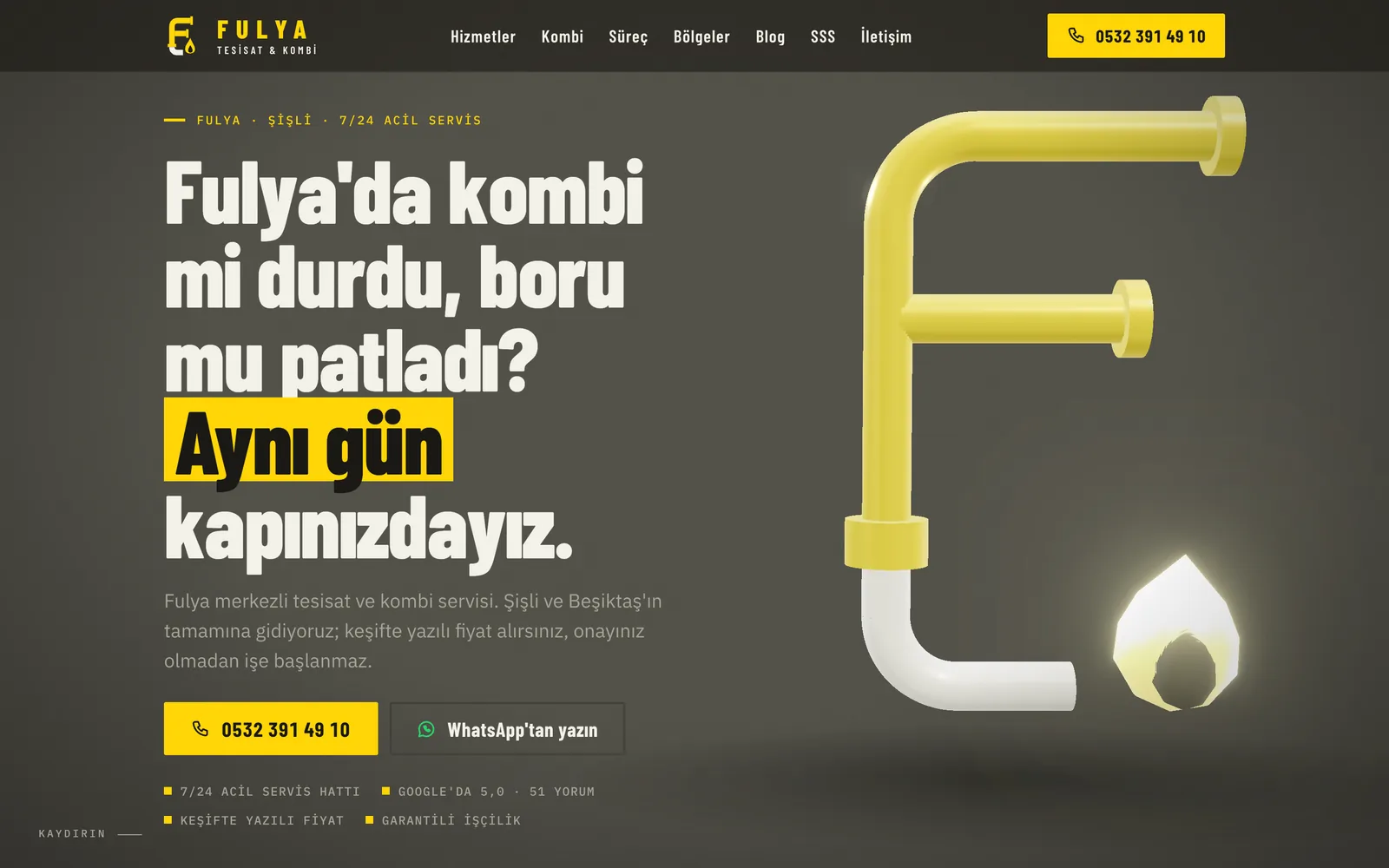 Fulya Tesisat & Kombi web sitesinin masaüstü ana sayfası