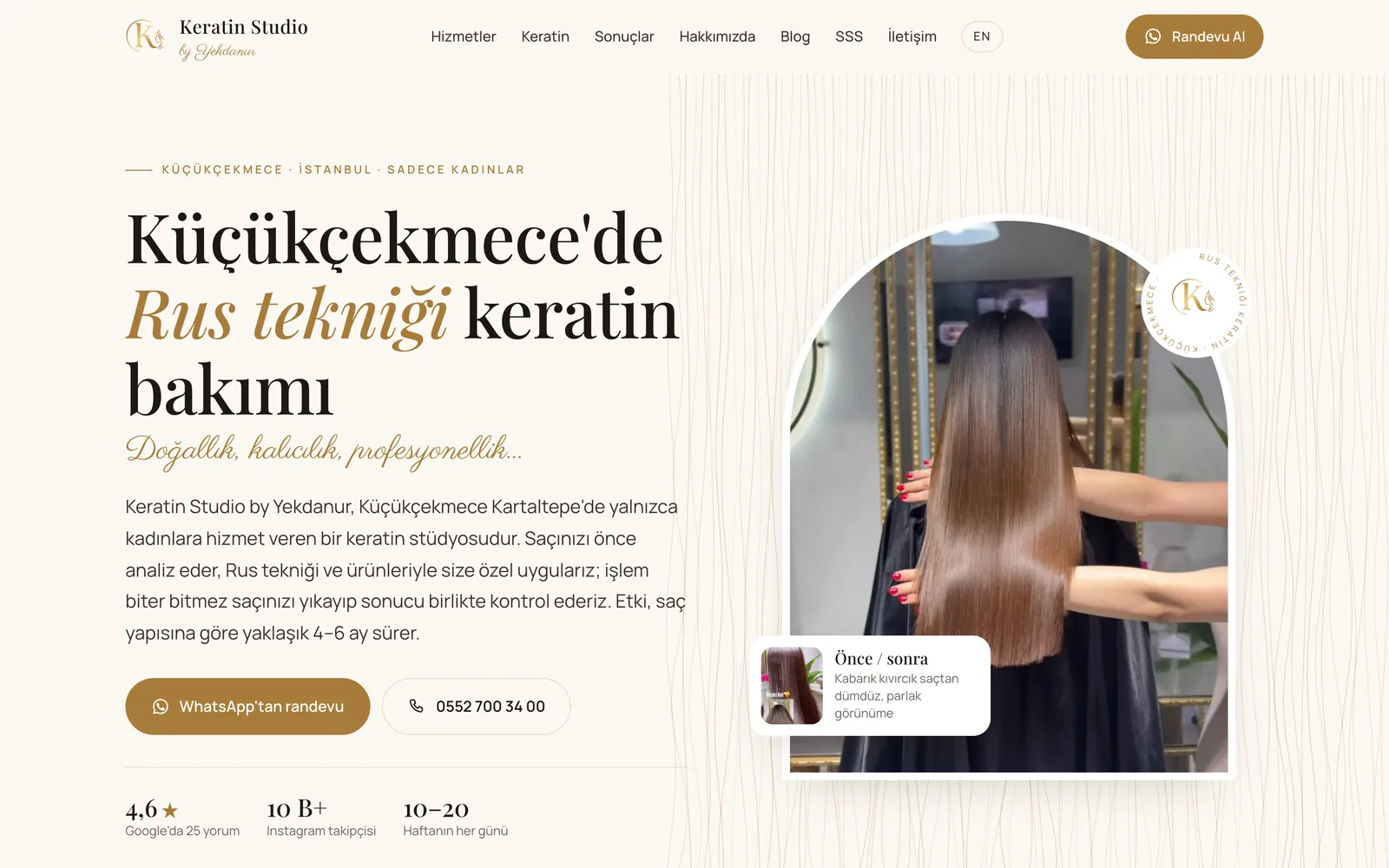 Keratin Studio by Yekdanur web sitesinin masaüstü ana sayfası