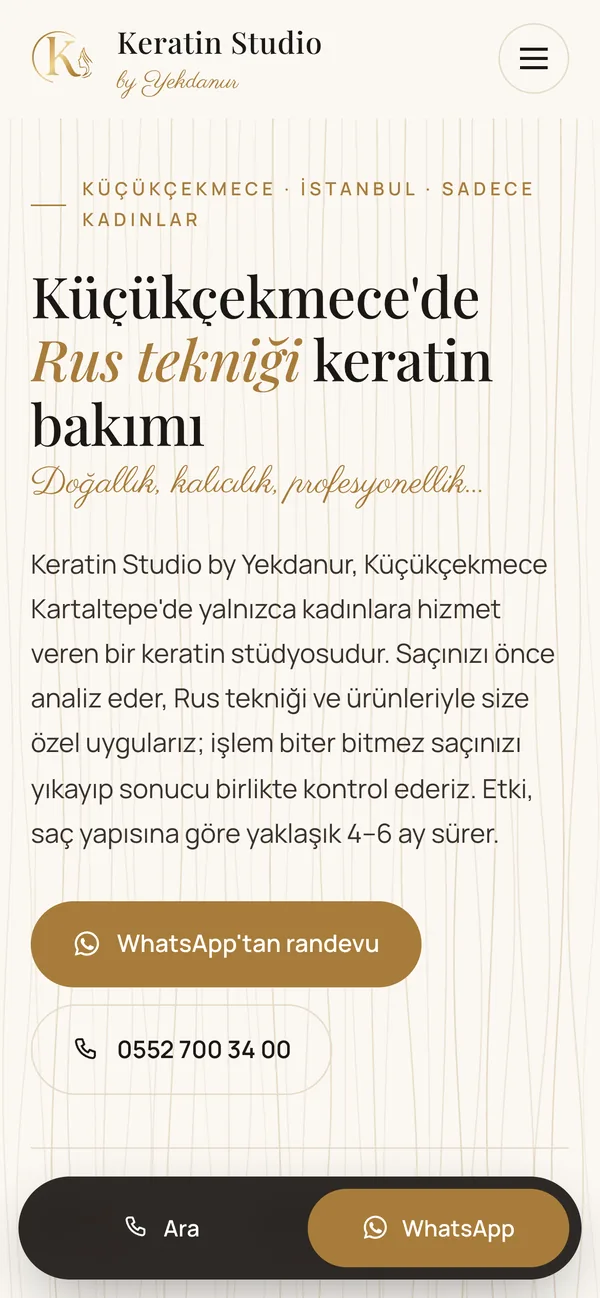 Keratin Studio by Yekdanur web sitesinin telefon görünümü