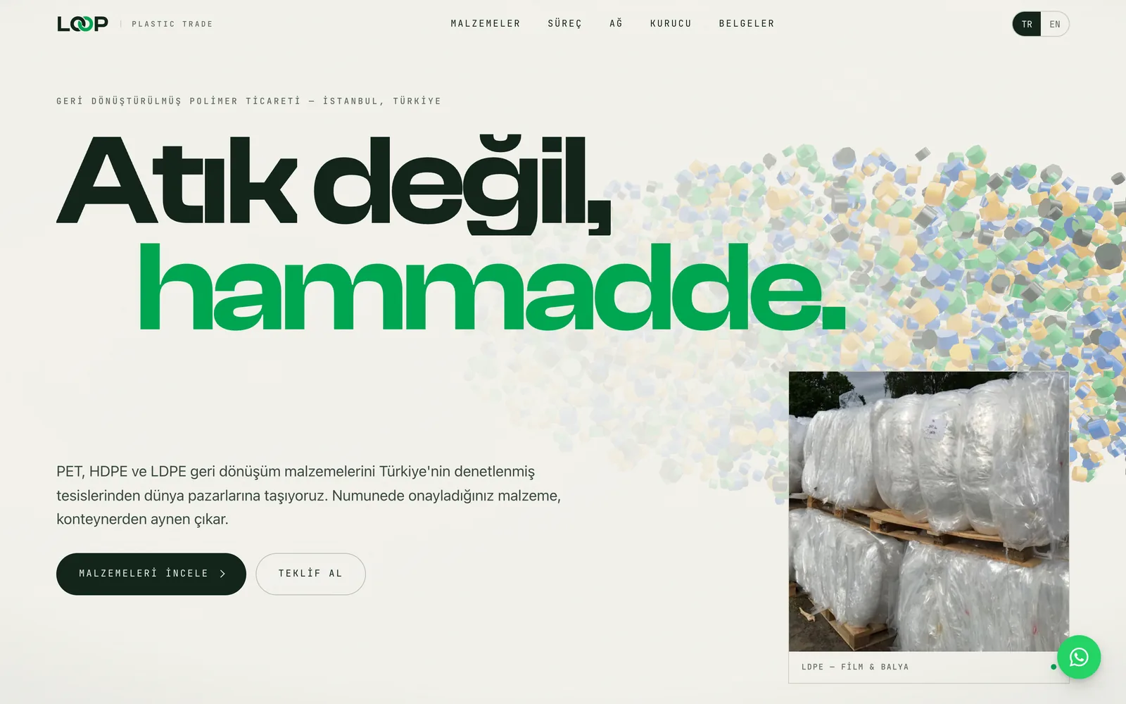 Loop Plastic Trade web sitesinin masaüstü ana sayfası
